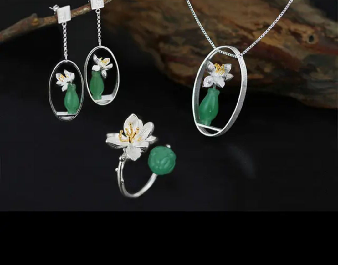 Parure de bijoux "Pot de Fleur" en argent 925 et Aventurine